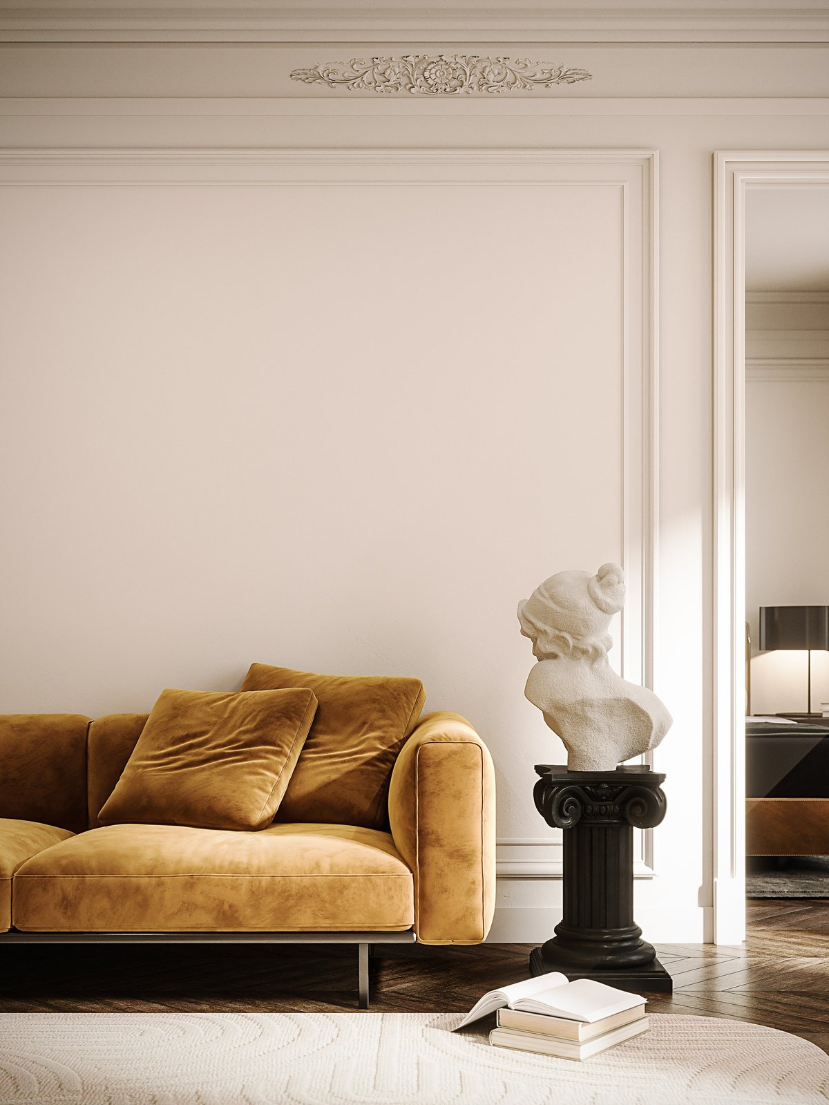 Contemporary living room with a velvet brown sofa against a white wall