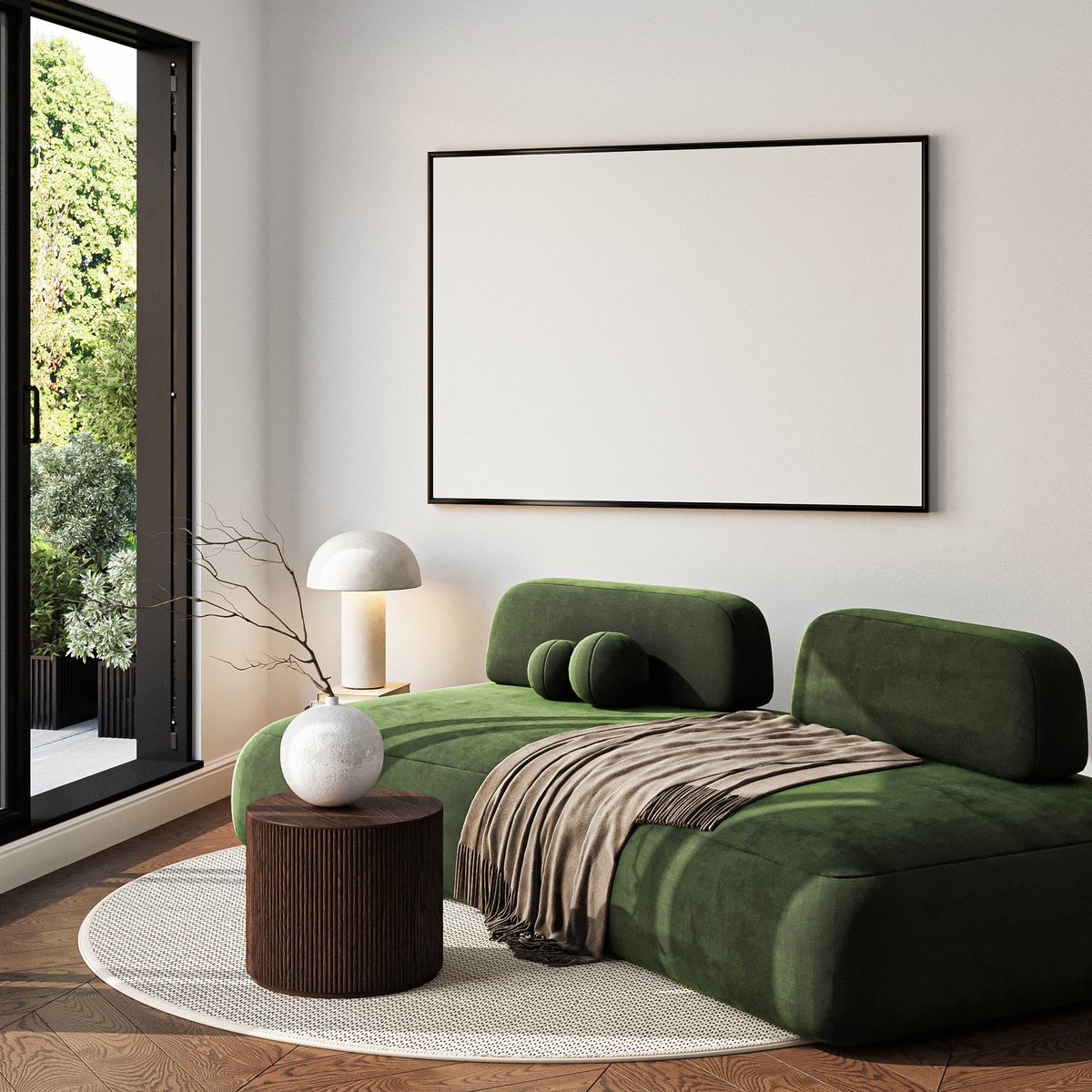 Modern living room wall with framed art and a house view beyond
