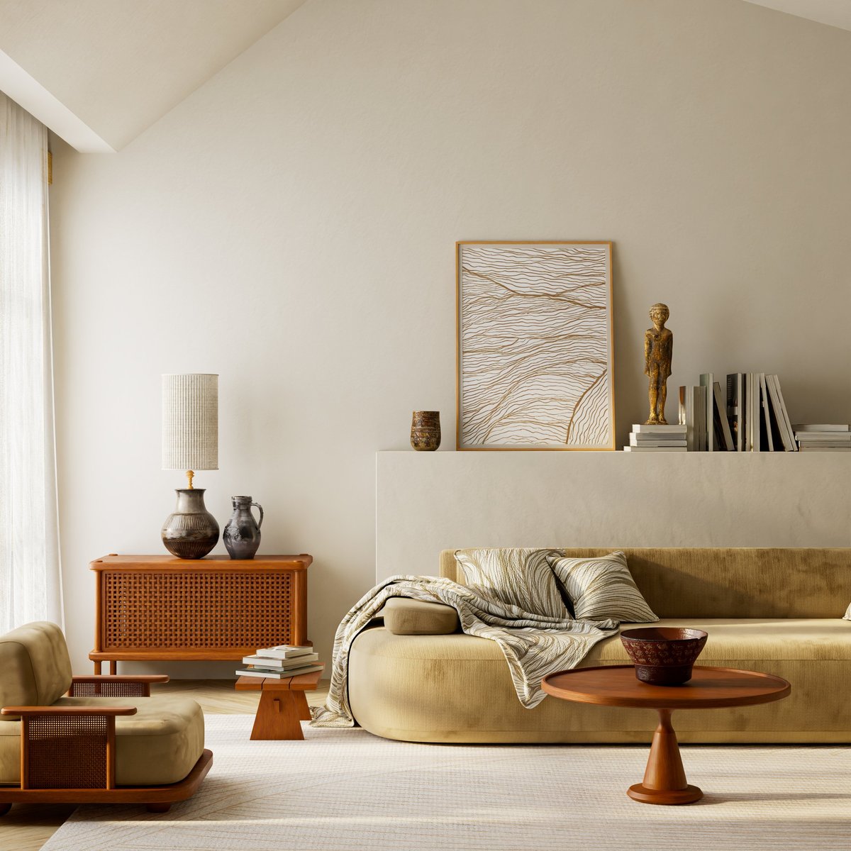Warm Japandi interior with wooden furniture, cozy textures and natural light